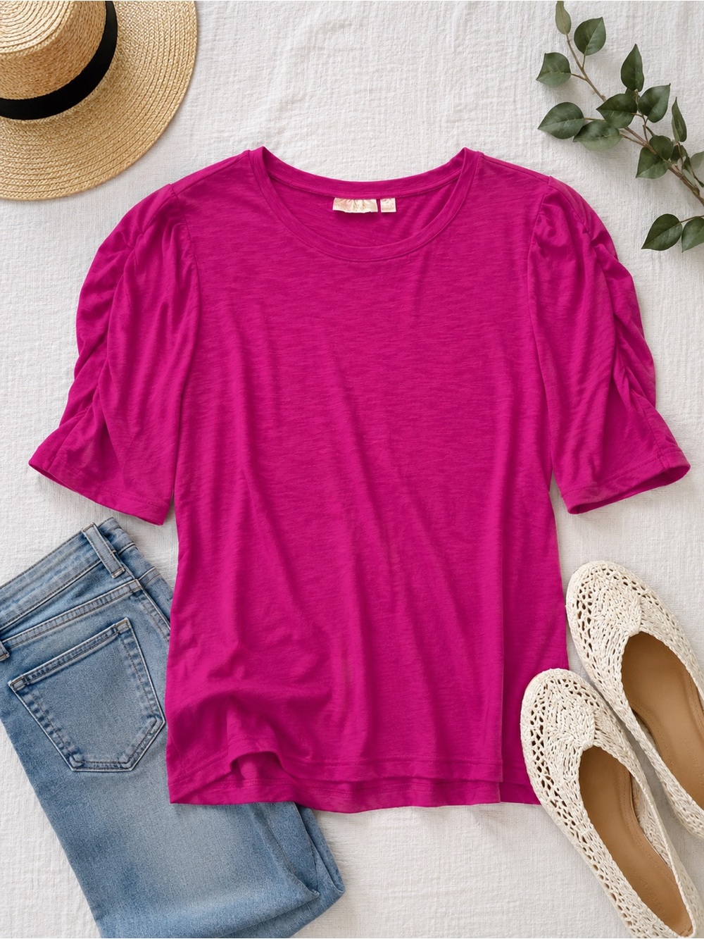 Belle by Kim Gravel Santorini Slub Knit Ruched Sleeve Top Sangria Pink Sz M NWOT